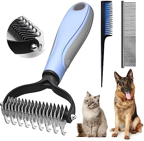 Txeouse Cepillo para Gatos,Cepillo Perro,Peine para Gatos,Deslanador para Perros,Eliminar El Vello y Desenredar Nudos para Mascotas PequeñAs,Medianas y Grandes Pelo Corto Largo Gato Perro (Blue+Comb)