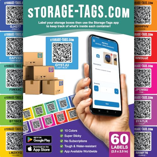 QR Code Storage Tags (Multicolored) - Smart Stickers - Tracking Labels for Totes - Scan Storage Bins & Containers - Moving House - Track Inventory - Android and iOS App - Pack of 60