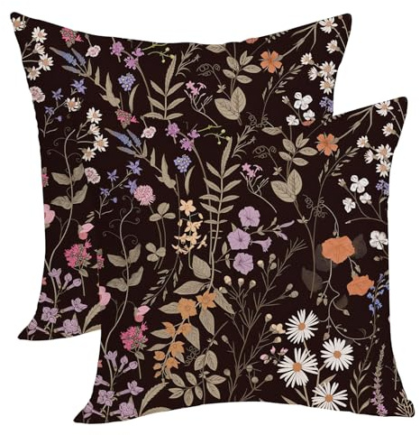 Spring Floral Pillow Covers 18x18 Pack of 2 Black Botanical Wildflower Herbs Throw Pillow Covers Outdoor,Summer Flower Plant Decorative Pillowcase Farmhouse Linen Cushion Case for Sofa Couch