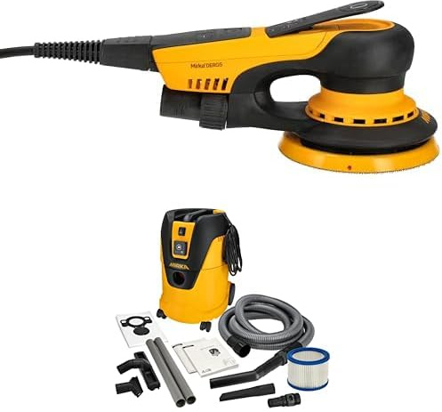 Mirka DEROS II 550 Exzenter-Schleifer Schleifmaschine mit Absaugung für Ø 125mm Schleifpapier / 2,5mm Hub Exzenterschleifmaschine + Mirka Industriestaubsauger Nass- und Trockensauger 25 Liter