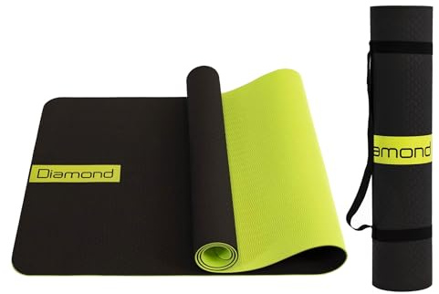 Tappetino Yoga DIAMOND - Tappetino Fitness Bicolore in TPE Antiscivolo, Ecologico [183x61cm, Spessore 0.6cm] Tappetino da ginnastica,yoga,fitness,allenamento, pilates, con tracolla (VERDE/NERO)