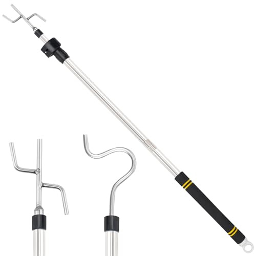 Greeily Clothes Hanger Reaching Hook, High Reach Garment Hook Telescopic Adjustable 37 to 63 for Hanging Clothes Plants Bird Feeders Christmas Light Pole Stainless Steel Material with 2 Long Hooks
