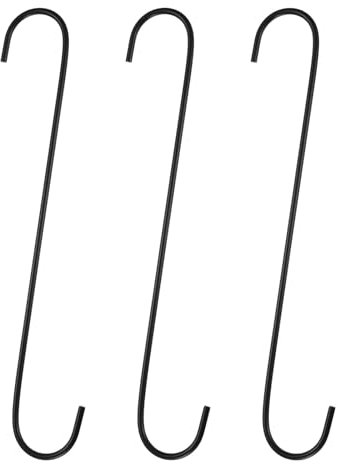 sourcing map 3pcs Long S Hooks 12 Inch Extra Long Metal S-Shaped Hanging Hooks High Manganese Steel S Hanger Storage Organizing Tool for Kitchen Garden Bathroom Garage Closet, Black