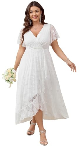 SCOMCHIC Womens Plus Size Wedding Guest Dress Formal Lace Wrap V Neck High Low Short Sleeve Cocktail Maxi Dresses XL-4XL, White, 3XL Plus