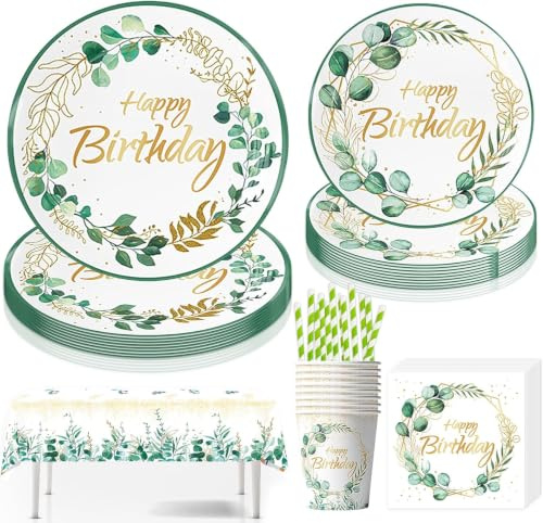 Sunshine smile Eukalyptus Grün Geburtstag,61 Stück Eukalyptus Grün Partygeschirr Set,Eukalyptusblatt Partyteller Geburtstag Geschirr,Kindergeburtstag Geschirr Set,für Geburtstagsdeko,Party Deko