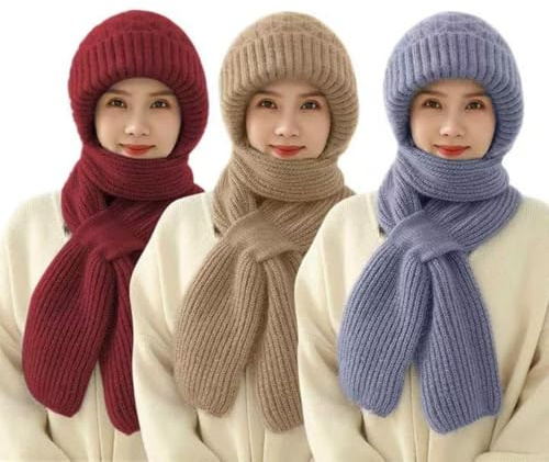 YJWZ Integrierter Gehörschutz Winddichte Mütze Schal,2 in 1 Winddichter Mützenschal Niedlich Mütze Schal Set Damen mit Brosche Winter Warm Strickmütze, Kapuzenschal für Frauen