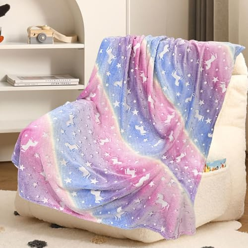 Manta de Unicornio - 100 x 150 cm Manta que Brilla Oscuridad, Mantas Infantiles Cálidas y Mullidas para Niños de 1 a 10 Años - Manta para Sofá, Cama, Viaje, Sala de Estar (Unicornio, 120 x 150cm)