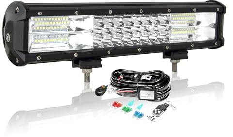 AUXTINGS 15 Pouces 38 cm 216W LED Barre d'éclairage avec 12V stroboscopique Faisceau de câblage kit,3 rangées Spot et Inondation Barre Lumineuse pour Offroad Véhicules Voiture camions SUV 4x4,6000K