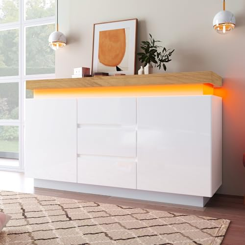 soges Sideboard mit LED-Beleuchtung Anrichte mit Hochglanz-Oberfläche Sideboard LED-Kommode-mit 3 Schubladen und 2 Türen für Wohnzimmer und Schlafzimmer, 81 x 140 x 39 cm, Weiß