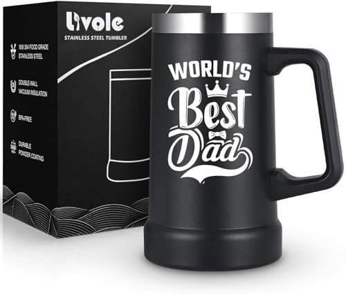 Livole Father s Day Gifts from Daughter, Best Dad Gift, World’s Best Dad, Fathers Day Beer Mug, Birthday Christmas Gifts for Daddy, Men Who Wants Nothing, 24oz Stainless Steel Wine Glass with Handle