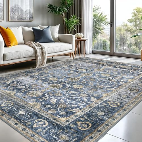 KUTA Teppich mit Blumenmuster für Wohnzimmer, 20,3 x 25,4 cm, Blau, Grau, Beige, waschbar, großer Teppich für Schlafzimmer, 2,4 x 3 m, rutschfest, niedriger Flor, ultradünn, weich, bedruckt
