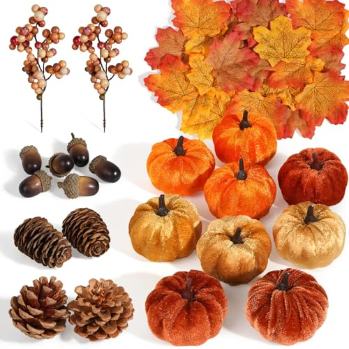 Miaikoe 51 st konstgjorda tygpumpor, höstskördedekorationer med ekollon, tallkottar, bär, lönnlöv för höst och Thanksgiving, halloweendekoration