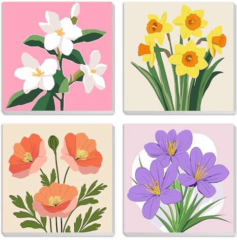 MXJSUA 4 Pack Flowers Paint by Numbers Kit with Framed Canvas, Paint by Numbers Kits for Adult Beginners, Acrylic Oil Painting for Home Wall Decor Gift (20 * 20cm)