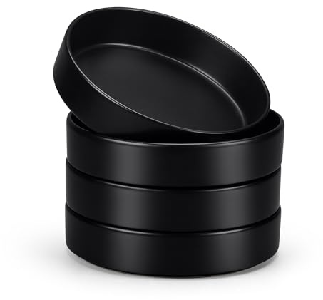 E-far Pasta Bowls Set of 4-35oz Shallow Ceramic Bowl Plates for Serving Dinner, Soup & Salad | Stoneware Pasta Plates | Microwave & Dishwasher Safe | Matte Black