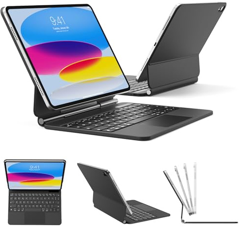 GKABXY Hülle mit Tastatur für iPad A16 11 Generation 2025/10 Generation 2022 (11/10.9 Zoll), ipad Magic Keyboard mit schwebendem Cantilever Ständer, Beleuchtete Tasten, Multi Touch Trackpad, Schwarz