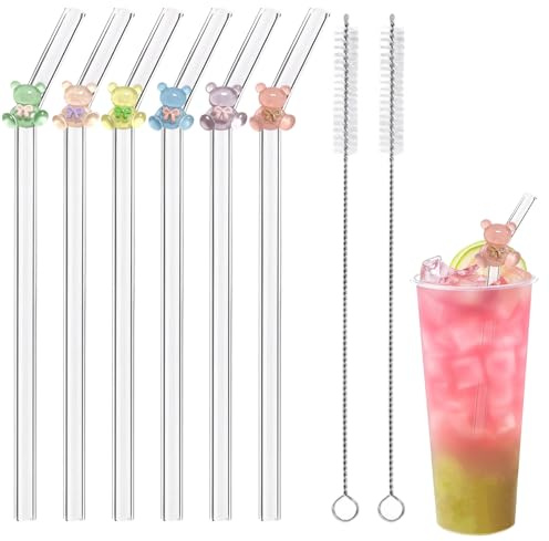 6 PCS Glass Straws Drinking, Reusable Bent Straws with 2 Cleaning Brushes, Shatter Resistant Glass Straw with Bear Charms, Clear Straw for Smoothie Milkshake Tea Coffee Cocktail Water Juice