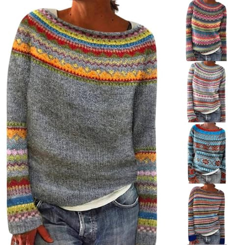 Maglione Donna Elegante Invernale Maglioni Eleganti Norvegese Jacquard Maglione Girocollo Comodo Elasticizzato Taglie Forti Maglioncino Leggero Maglia da Casa Sweater Pullover Morbido Autuno Inverno