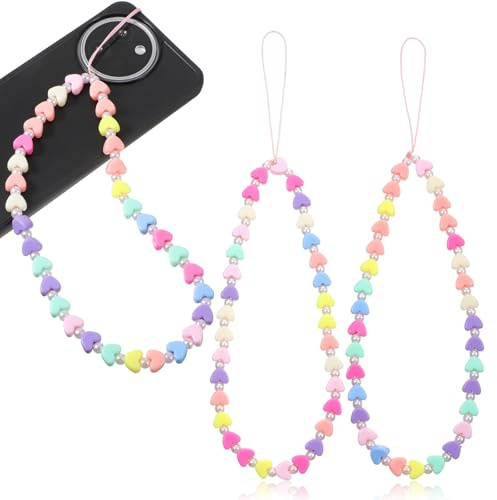 TIESOME Cute Heart Beaded Phone Charm, 2 Pcs Mobile Phone Lanyard Wrist Strap Cord Chain Accessories for Women Girls