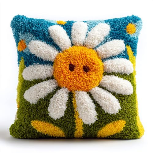 Henypt Kit de Almohadones con Cierre de Gancho Margaritas blancas Kit De Cojines De Pestillo 43X43cm Funda de Cojín para Sofá, Latch Hook Manualidades Kits