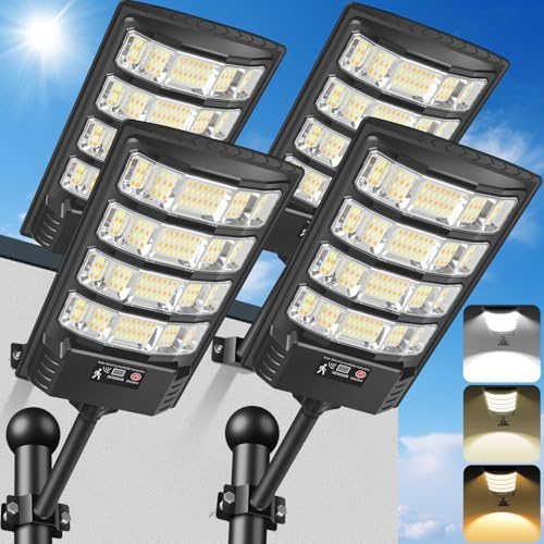 PEAKRO Farolas Solares LED Exterior, Foco Solar Potente 6500K Blanca y 3000K Cálida Luz Impermeable con Mando a Distancia,Sensor de Movimiento Farolas de Jardín Lámpara Solar para Garaje -4 Pack