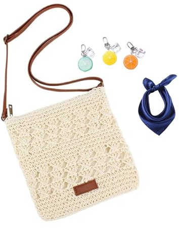 Bolso bandolera tejido pequeño, bolso playero hueco de malla de verano, bolso de hombro for vacaciones, bolso de playa de paja for mujer(White)