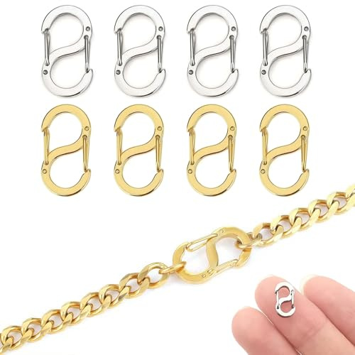 8 Pezzi Chiusure per Braccialetti e Collane, Moschettone a Forma di S in Acciaio Inox con Doppia Apertura, Connettori per Gioielli Fai da Te, 4 Oro e 4 Argento, 12mm