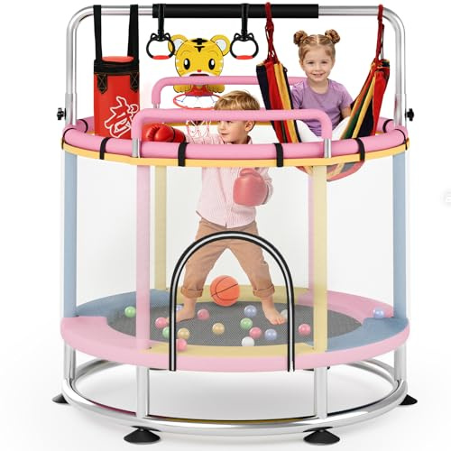 Kindertrampolin 150cm mit Sicherheitsnetz – Trampolin Kinder Indoor Outdoor mit Vordere und hintere Armlehnen, bis 250 kg Belastbar, mit Boxsack, Boxhandschuhe, Ringe, Basketballkorb, Bällen, Schaukel