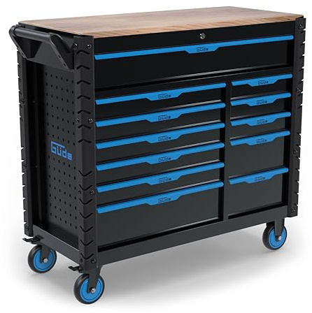 Güde GW 12S Mobile Werkbank - pulverbeschichtete Stahlkonstruktion, 400 kg Traglast, 12 kugelgelagerte Softclose-Schubladen, Arbeitsplatte aus Gummibaumholz, seitliche Lochwände, Zentralverriegelung