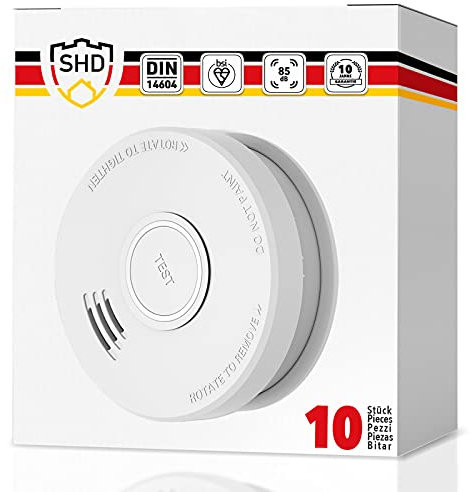 SHD Rauchmelder Set wechselbare Batterien (10x) - DIN EN14604 Geprüft & BSI-Zertifiziert, Brandmelder mit Stummschaltung & Selbsttest Funktion, Rauchmelder Magnethalter geeignet, Feuermelder DOF19