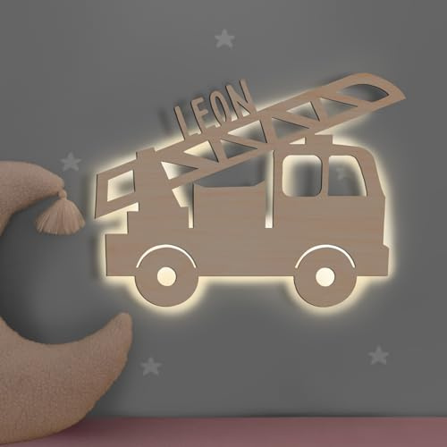 hellomini Personalisierbares LED-Nachtlicht mit Name für Kinder & Babys | Holz-Wandlampe | Schlummerlicht mit Motivwahl – Geschenk zur Geburt & Taufe (Lars das Löschfahrzeug)