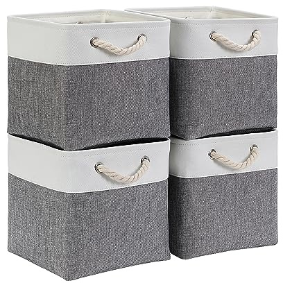 Mangata Set di 4 Scatole per Armadio,Cesto portaoggetti Tessuto, Cestino portaoggetti con Corde, 33 x 33 x 33 cm, per Guardaroba, Armadio, Scaffali (Pieghevole, Bianco Grigio)