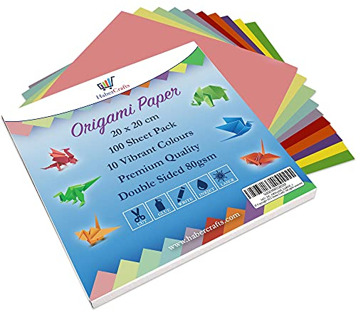 100 fogli di carta per origami, quadrati, grandi, per origami, tradizionale, giapponese, pieghevole, double face, 10 colori vivaci e pastelli, per adulti e bambini (grande, 20 x 20 cm, 1 confezione,