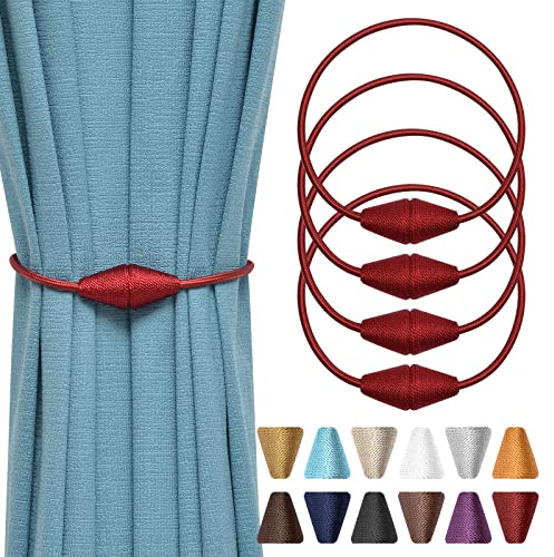 Pretty Jolly 4er-Pack Upgrade Magnetische Vorhang-Raffhalter Handgefertigte Gewebte Seil Vorhanghalter Praktische Dekorative Kegelförmige Vorhang-Raffhalter für Zuhause & Büro Fenstervorhänge (Weinrot