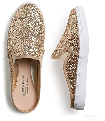 Feversole Sportmules slip-on loafers för kvinnor mode rygglösa sneakers, guldglitter, 39 EU
