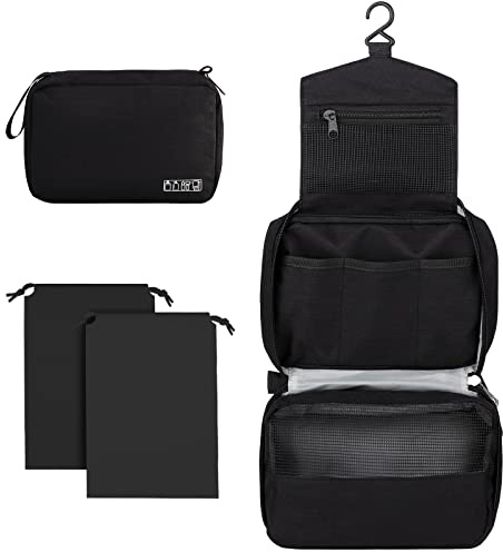 Cooja Wash Bag Hanging Toiletry Bag Men Women, Travel Washbag with Hook & Handle, 1 Toilet Bag + 2 Drawstring Bag, Black