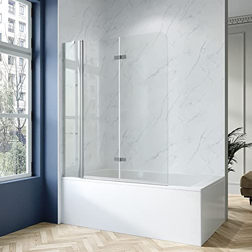 Bath Attachment 3-Piece Foldable 130 x 140 cm Folding Wall Glass for Bathtub Shower Screen Foldable with Fixed Part and Corner Shelves Corner Shelf ESG Real Glass Clear 5 mm with Nano Coating