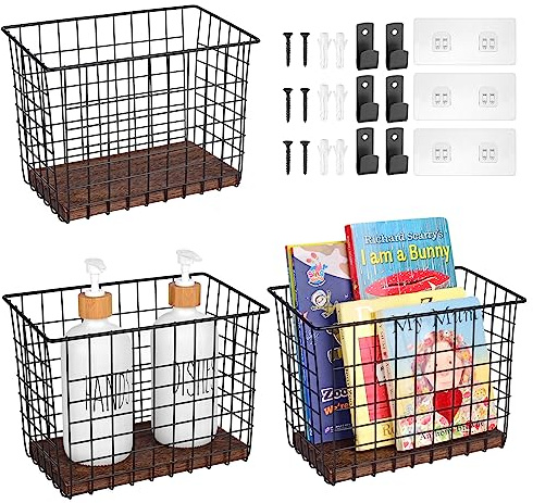 Wall Hanging Baskets 3 Pack, Diversified Wire Basket Shelves of Wooden Style, with Wall Mounted Hooks & Traceless Stickers, for Kitchen Coffee Bar Office Room Garage Storage Organization (Large)