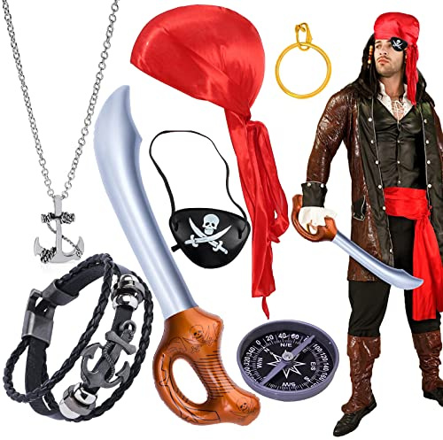 7 Stück Piratenkostüm Set, Piraten Kostüm Zubehör, Piratenschwert Aufblasbar, Augenklappe Pirat, Piraten Kopftuch Rot, Piratenschmuck Piraten Party Piratenkapitän Zubehör für Herren Damen Kinder