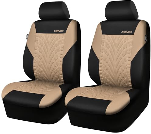 CAR PASS Housses de siège Voiture Avant pour Auto, Camion, SUV, Couvre Siege Auto avec Impression de pneus 3D, Compatibles avec airbags, Installation Rapide (Avant, Noir et Beige)