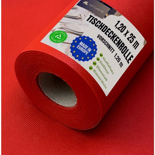 NATUARTE, Tischdeckenrolle Rot, 1.20 m x 25 m, Stoffähnliches Vlies Tischdecke, Einweg Tischdecke Rolle Für Feier Geburtstag Party Veranstaltungen, Farbe ROT 1.20x25m