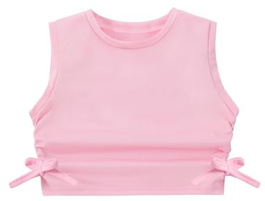 EXARUS Crop-Tanktop für Mädchen, gerippt, ärmellos, Rundhalsausschnitt, Racerback, lässig, niedlich, bauchfreies Top, 6–12 Jahre, Geraffte Seite, Rosa, 140