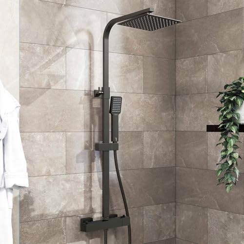 AICA Colonna Doccia con Miscelatore, Saliscendi Doccia Altezza Regolabile 80cm-120cm, Colonna Doccia con Soffione e Doccetta Quadrata 22x6.4cm, Miscelatore Termostatico Doccia in Acciaio Inox Nero