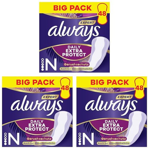 Always Dailies Extra Protect Slipeinlagen Damen, Normal (48 Binden) Giga Pack, geruchsneutralisierend, atmungsaktiv, flexibel (Packung mit 3)