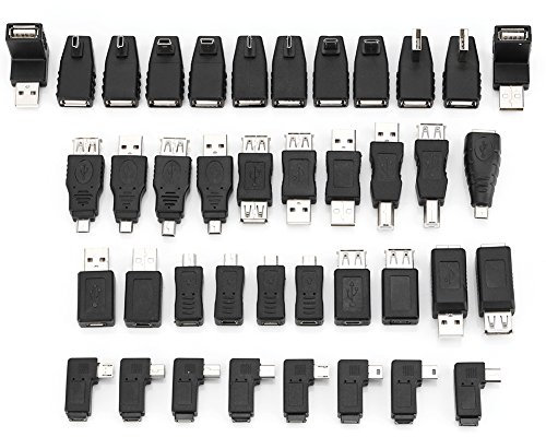 Jopwkuin 40 Pcs Multiple USB2.0 Adapters Angled,Different USB2.0 Adapters Angled Mini/Micro/Type-B Male Female Converters Connectors,USB Adapter Kit for Computer Tablet Mobile Phone