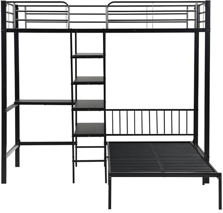 Idemon Letto con telaio in ferro, letto a castello con tavolo e mensole, adatto per bambini e ragazzi, con scala ad angolo retto a cinque livelli, quattro griglie laterali sul letto superiore, ferro +