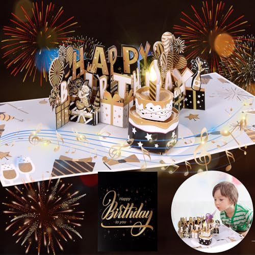 Pup Go Musikalische Geburtstagskarte mit Licht und Ausblasbarer Kerze, 3D Pop-Up Grußkarte für Frauen, Männer, Kinder, Ehemann, Ehefrau, Tochter & Freunde - Ideales Geburtstagsgeschenk, Schwarz Gold
