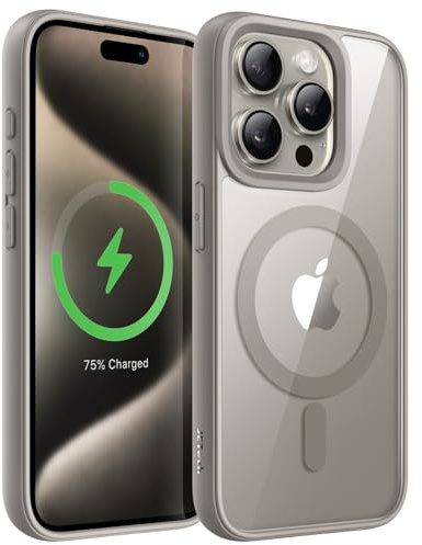 JETech Magnetisch Hülle für iPhone 15 Pro Max 6,7 Zoll Kompatibel mit MagSafe, Stoßfeste Stoßstange Handyhülle, Solid Farbe Matte TPU Rahmen, Anti-Kratzer Transparent Rückseite (Titan Natur)