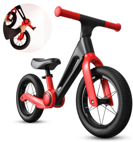 Little Bean 12 Inch Foldable Toddler Balance Bike Kids Folding No Pedal Bike Ride On Toys For Boys Grils 2 to 5 Year Adjustable Seat Height Gift for Kids Outdoor Sports Children's Day Gift(Red)
