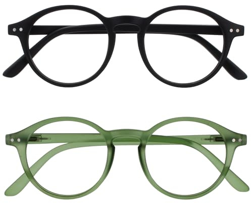 OPULIZE REY Lesebrille - 2er-Pack - Runder Retro-Rahmen - Mattschwarz, Grün - Herren Damen - Federscharniere - RR56-16 - +1.50