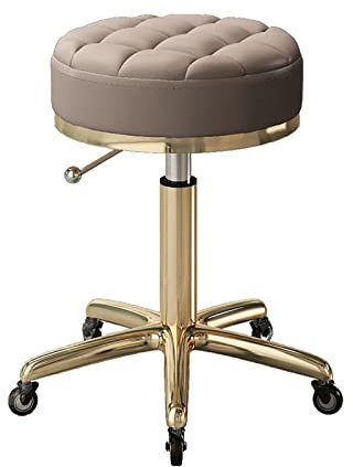Salonstuhl mit drehbarem Rollhocker, rundem Lederkissen und goldfarbenem Edelstahlsockel für Spa-Arbeiten – Friseur, Maniküre, Tattoo, Arbeit, Büro, Massage, Rollen im Lieferumfang enthalten